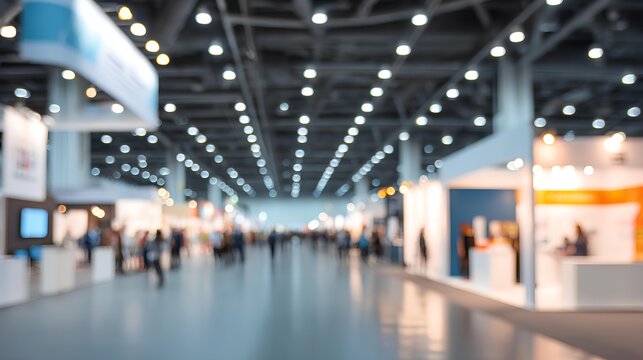 Conference Hall Ambience: A captivating shot of a bustling conference hall, showcasing a blurred yet vibrant scene, suggesting a dynamic atmosphere and the convergence of various attendees.