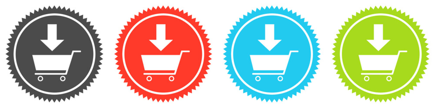 Icons auf 4 Buttons mit Zacken zeigen In den warenkorb oder Einkaufswagen