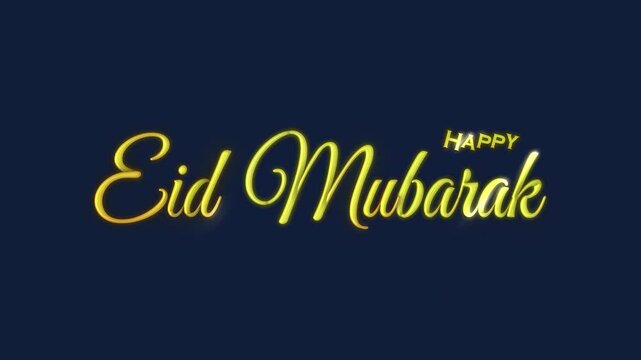Elegant golden Happy Eid Mubarak greeting title animation with metallic light sweep and glowing script lettering on dark blue background. Perfect for Ramadan celebration video and Islamic greeting.