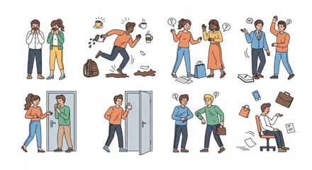 Fototapeta premium Funny Awkward Social Situations Everyday Embarrassing Moments Vector Illustration