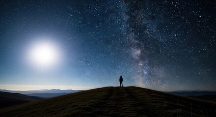 Fototapeta premium Silhouette of a person standing on a grassy hill. Bright moon shines in a dark starry night sky with the Milky Way galaxy visible.