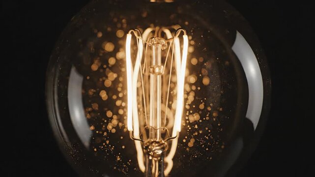 Vintage electric light bulb glowing filament provides warm golden illumination. Close up view showcases intricate antique design, evoking classic