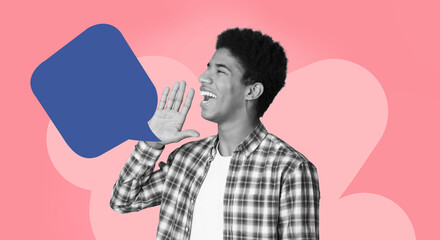 A young man stands against a bright background. He is joyful and shouting while holding up his hand. The scene includes colorful shapes that add to the collage feel. © Prostock-studio