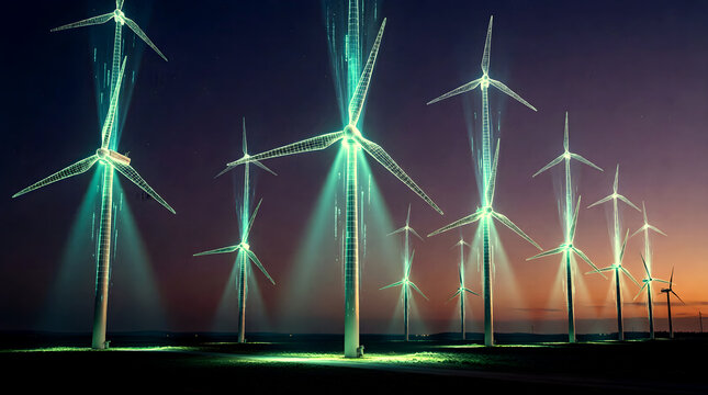 Futuristic Wind Turbine Farm with Each Turbine Casting Holographic Digital Twin Shadow Upward as Wireframe Projections Floating Above Physical Structures at Twilight