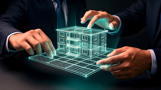 Engineer Hands Interacting with Floating Holographic Building Model Manipulating Translucent Wireframe Floors with Gesture Controls and Teal Holographic Projection