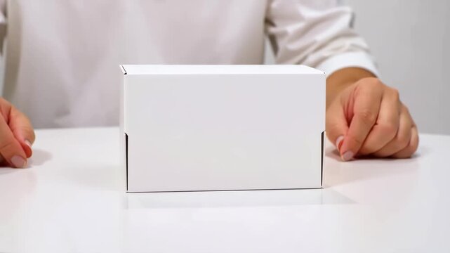 Hands Placing Blank Product Box on Clean White Table &ndash; Minimal Commercial Product Showcase in 4K