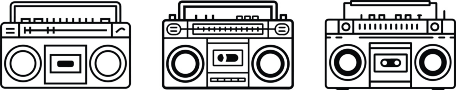 Set of Retro boombox radio cassette player line art outline vector icon