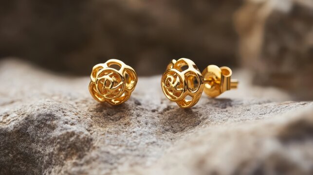Elegant gold earrings with interlocking design on a stone surface