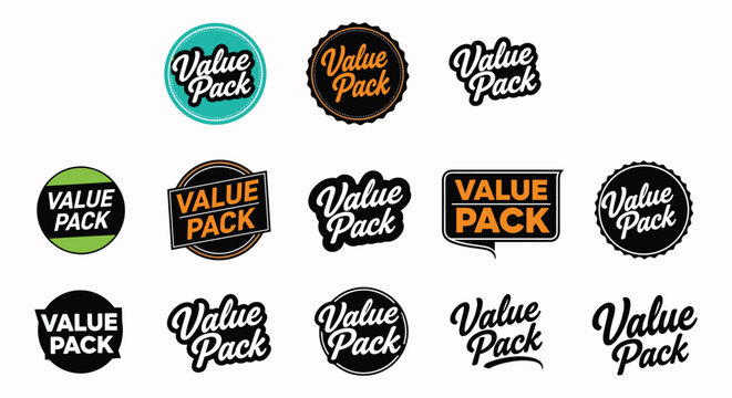 Creative value pack typography logos, promotional text badges, bold lettering styles, marketing branding graphics, product packaging elements, flat vector illustration