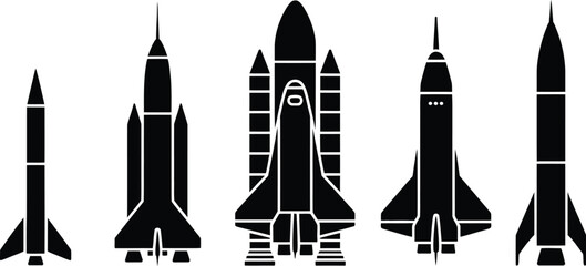 Rocket and space shuttle icon set, vector silhouettes of rockets missiles and aerospace vehicles for space exploration technology and transport themed design. © Clinton Black