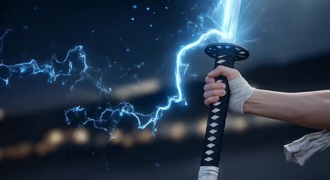 electric katana slash: neon energy sword in action