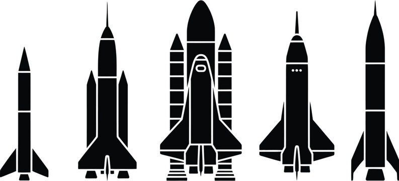 Rocket and space shuttle icon set, vector silhouettes of rockets missiles and aerospace vehicles for space exploration technology and transport themed design.