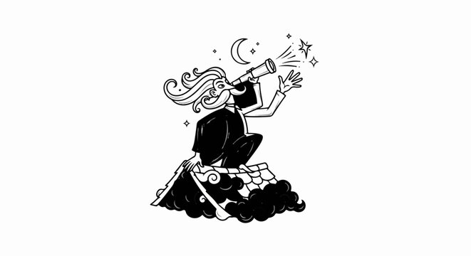 Whimsical figure with mustache & flowing hair peers through telescope at moon