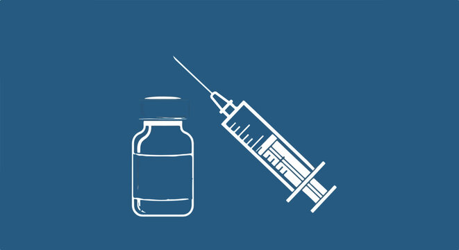 White outline drawing of a syringe and medicine vial on a blue background
