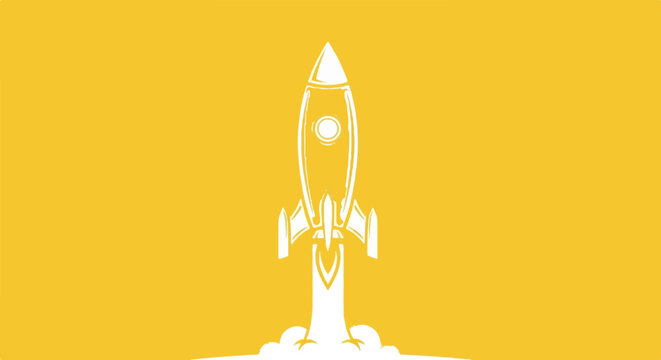 White rocket blasting off with smoke against a bright yellow background