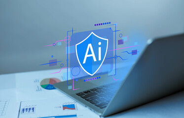 Artificial intelligence cybersecurity shield interface on laptop representing AI security...