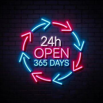Neon open 24 hours 365 days sign with arrows glowing on dark brick wall background