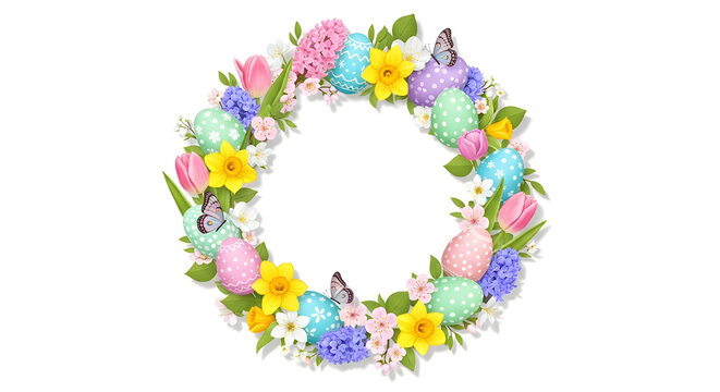 Colorful Easter egg wreath decorated with spring flowers, butterflies and pastel eggs. Perfect Easter holiday decoration for greeting cards, invitations, seasonal banners and festive spring designs.