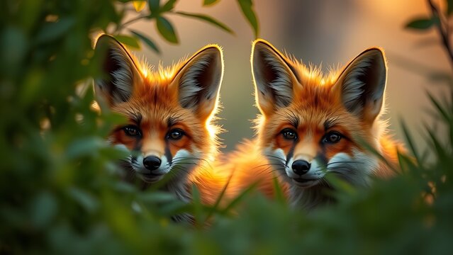 nitroglycerin. Two foxes peeking through dense foliage with playful expressions in golden light. wildlife magazines, conservation campaigns, designed for wildlife conservation campaigns.