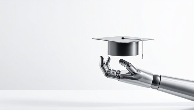 A robot arm holding a graduation cap representing technological advancement in education 