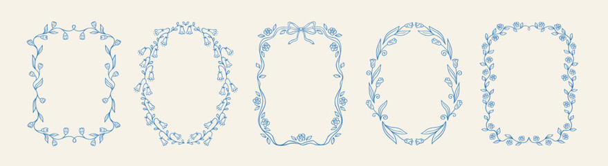 Set of modern floral spring hand drawn frame with beautiful flowers, bow and ribbons in whimsical blue lines. Collection vintage elegant vector border perfect for wedding, invitation, greeting cards. © Anna Bova