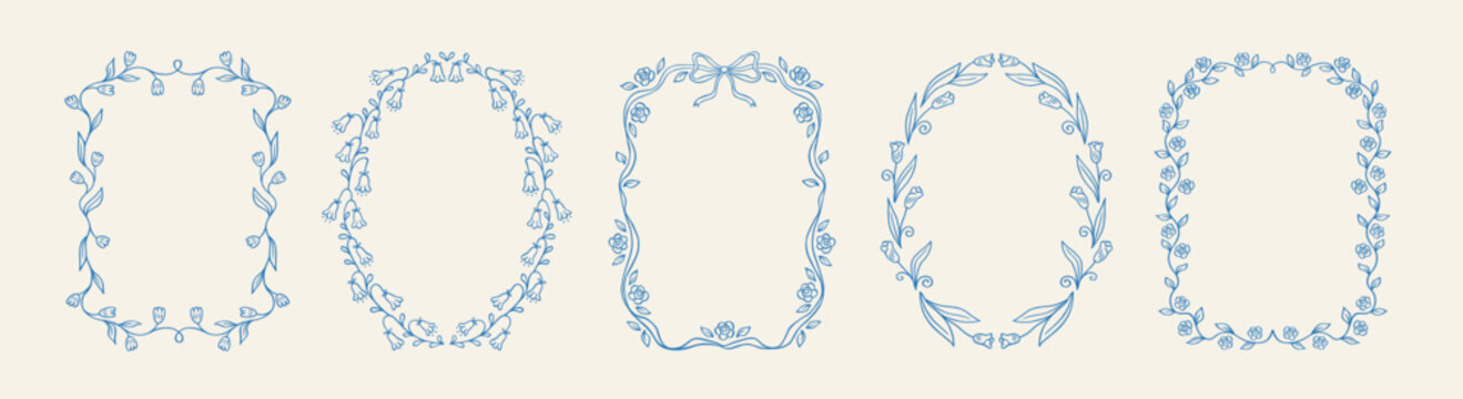 Set of coquette floral hand drawn frame with beautiful flowers, bow and ribbons in whimsical blue lines. Spring summer vintage elegant border perfect for wedding, invitation, greeting cards.