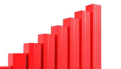 Fototapeta premium A 3D rendered graphic featuring a rising red bar graph with seven ascending columns on a white backdrop