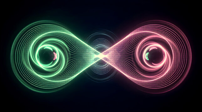 Quantum Entanglement Visualization with Two Particles Connected Across Dark Space by Shimmering Probability Wave Rotating in Synchronized Opposite Spins in Teal and Magenta
