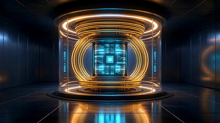Obraz premium Futuristic Quantum Computer Chamber with Cylindrical Structure and Concentric Golden Cooling Rings Visible Through Translucent Walls and Teal Qubit Array Glowing at Center