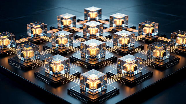 Array of Quantum Processors Arranged in Modular Grid with Small Crystalline Cubes Featuring Internal Qubit Glow and Connection Channels Forming Quantum Network on Dark Platform