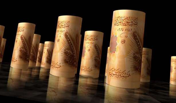 Syria 500 pound money banknotes rolls 3d illustration