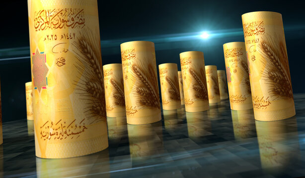 Syria 500 pound money banknotes rolls 3d illustration