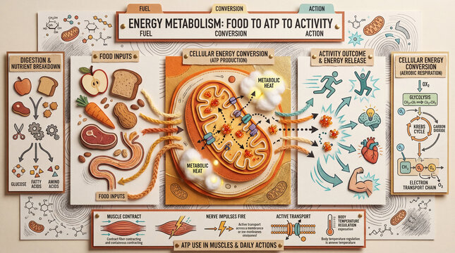 Energy Metabolism Educational Poster, Food to ATP to Activity Handmade Science Infographic.
