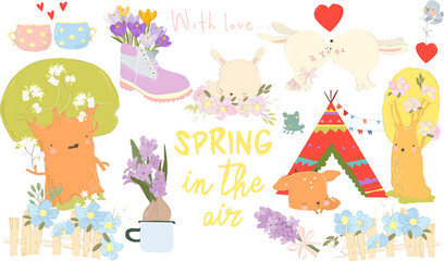 Naklejka premium Cartoon Set with Cute Animals and Spring Flowers. Vector Illustration