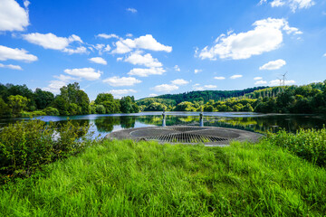 Fototapeta premium View of Lake Keddinghausen and the surrounding landscape. Flood retention basin near Keddinghausen. Nature by the lake. 