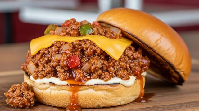 Gourmet Sloppy Joe Burger with Ground Beef Cheese and Peppers on a Brioche Bun with Sauce Dripping Down in a Commercial Studio Setting.
