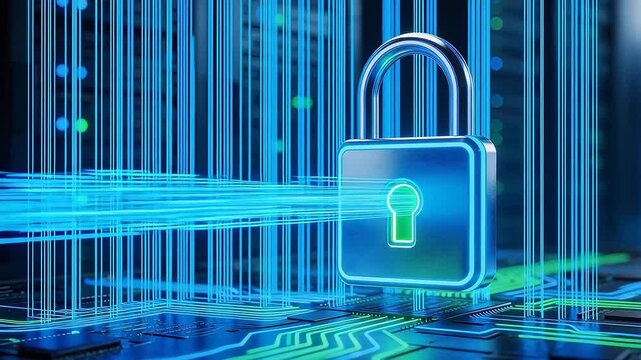 Glowing digital padlock on circuit board with server racks background &ndash; Cybersecurity, data protection, and network security concept for tech and business use.