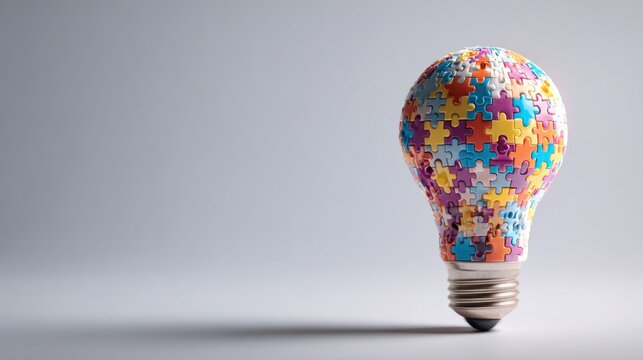 An innovative lightbulb made of puzzle pieces, symbolizing creativity. A light bulb with the multi-colored puzzle pieces within its shape.