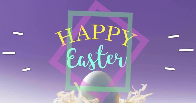 Rising pastel egg nesting in straw on purple gradient, rotating mint magenta frames, HAPPY Easter