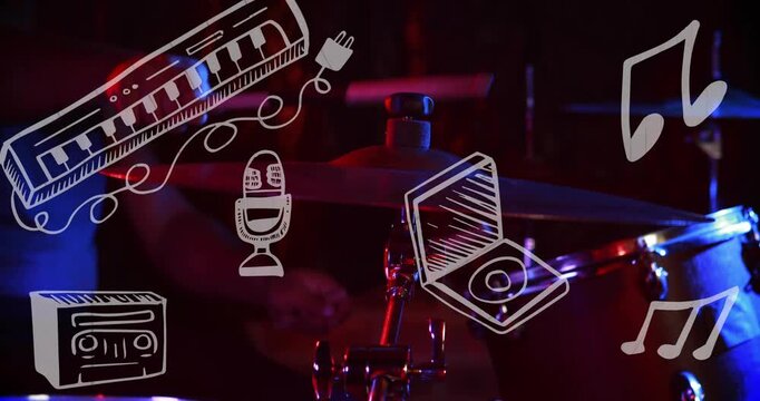 Performing drummer onstage, sticks striking snare causing motion, fixed music doodles overlay beat