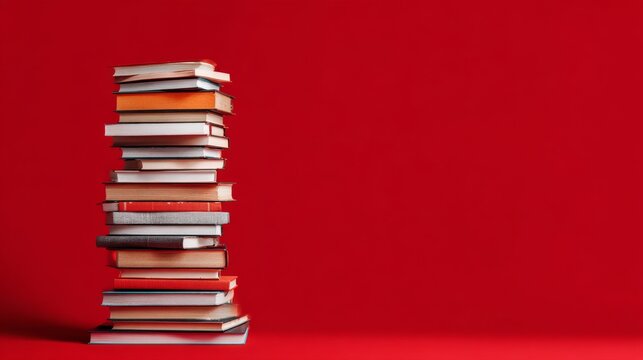Colorful stack of educational books against vibrant red background, academic textbooks pile symbolizing school learning, study knowledge, reading education concept, back to school theme with bright sc