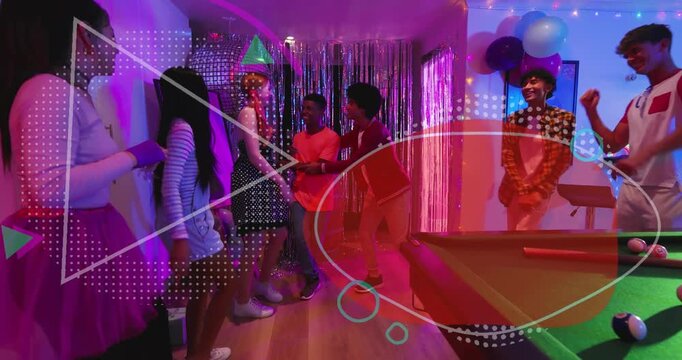 Seven eventgoers celebrating, center pair stepping initiating dancing, overlays popping over tinsel