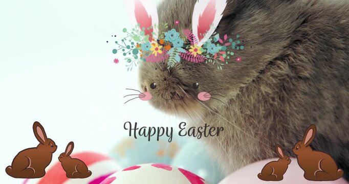 Peeking brown rabbit moving into studio tabletop, with pastel eggs and Happy Easter bunny overlay