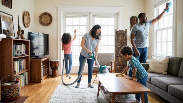Family connectioneering through shared chores: mother vacuuming, father cleaning windows, and children dusting and wiping
