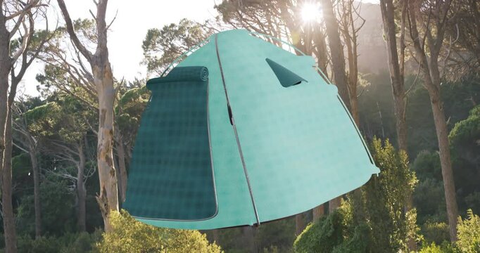 Camera panning initiating teal pod rotating above meadow revealing mattress vent zipper for camping