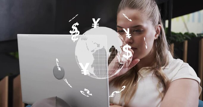 Woman typing pausing on laptop, causing overlaying globe orbiting currency icons, checking markets
