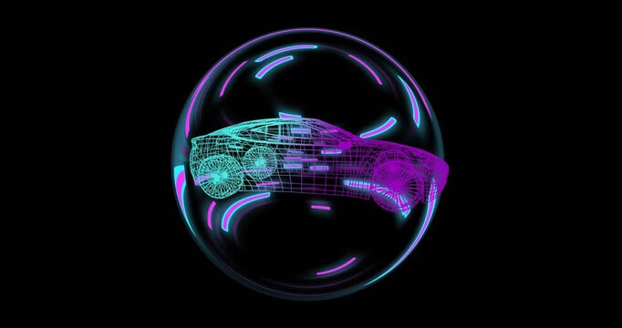Rotating duotone mesh car inside sphere in void while magenta beams sweeping and data bars moving