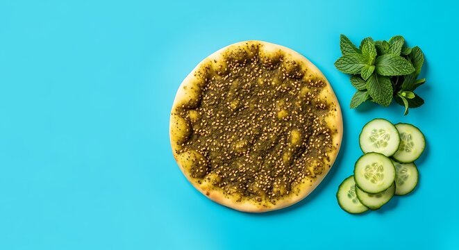 Delicious Lebanese Zaatar Manouche Flatbread with Fresh Mint and Cucumber Slices on Blue Background.