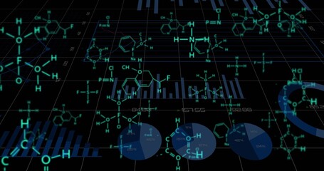 Fototapeta premium Displaying chemical data on dark grid, showing molecular diagrams, charts, readouts, element labels
