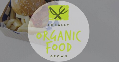 Showing circular translucent badge covering food display on gray backdrop, with tray burger fries © vectorfusionart